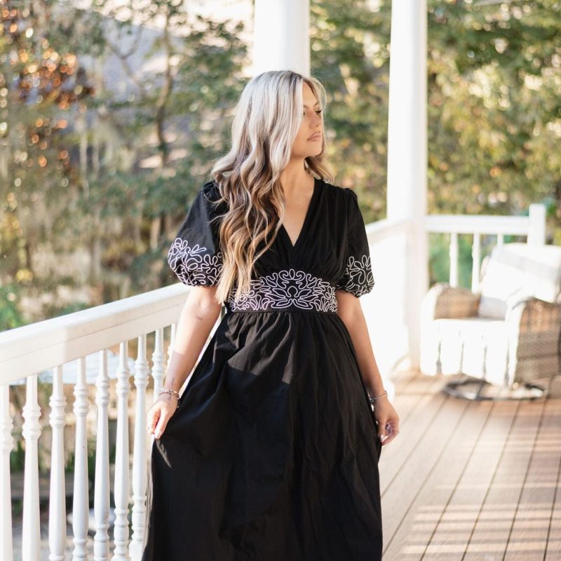 Black Embroidered V-Neck Midi Dress