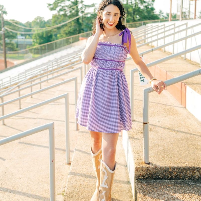 Purple Plaid Shoulder Tie Mini Dress