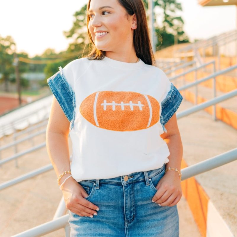 White Football Patch Denim Edge Top