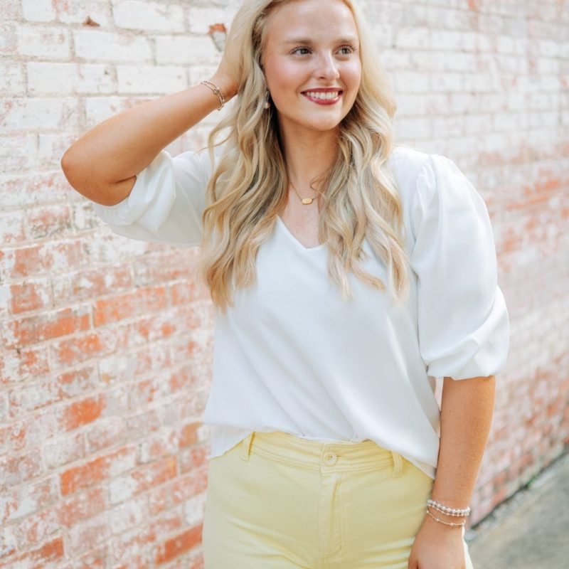 White V-Neck Balloon Sleeve Blouse