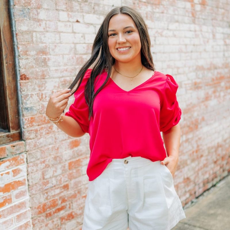 Pink V-Neck Balloon Sleeve Blouse