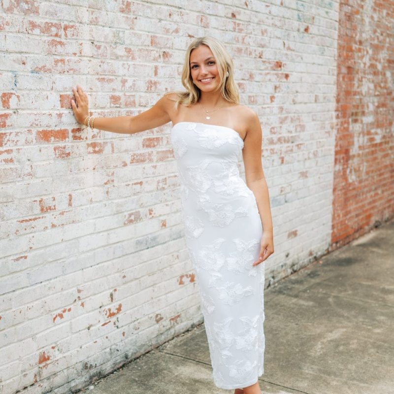 White Floral Detail Strapless Midi Dress