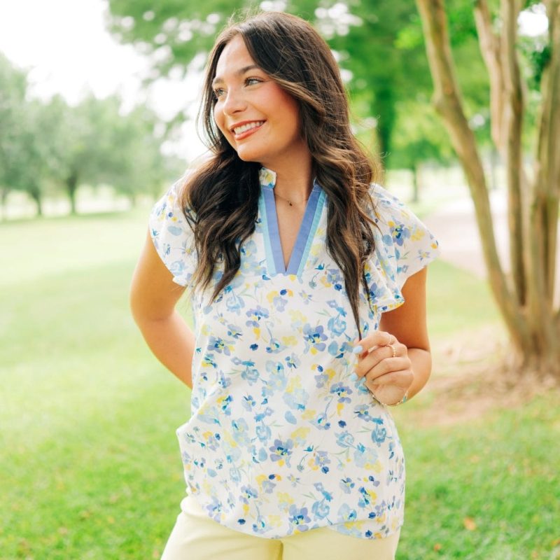 Blue & Yellow Floral V-Neck Blouse