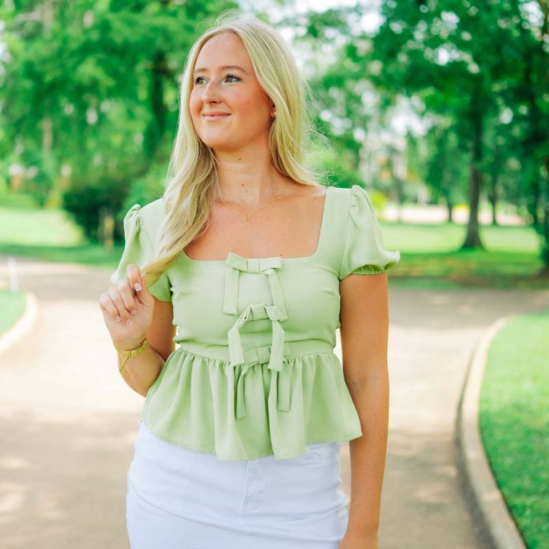 Kiwi Bow Puff Sleeve Peplum Top