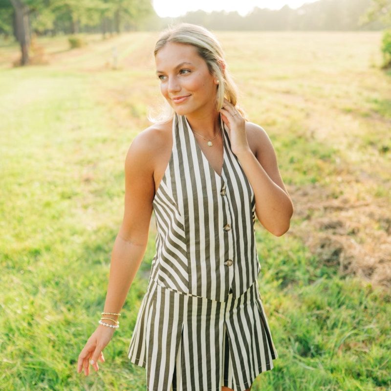 Brown Striped Pleated Vest Dress