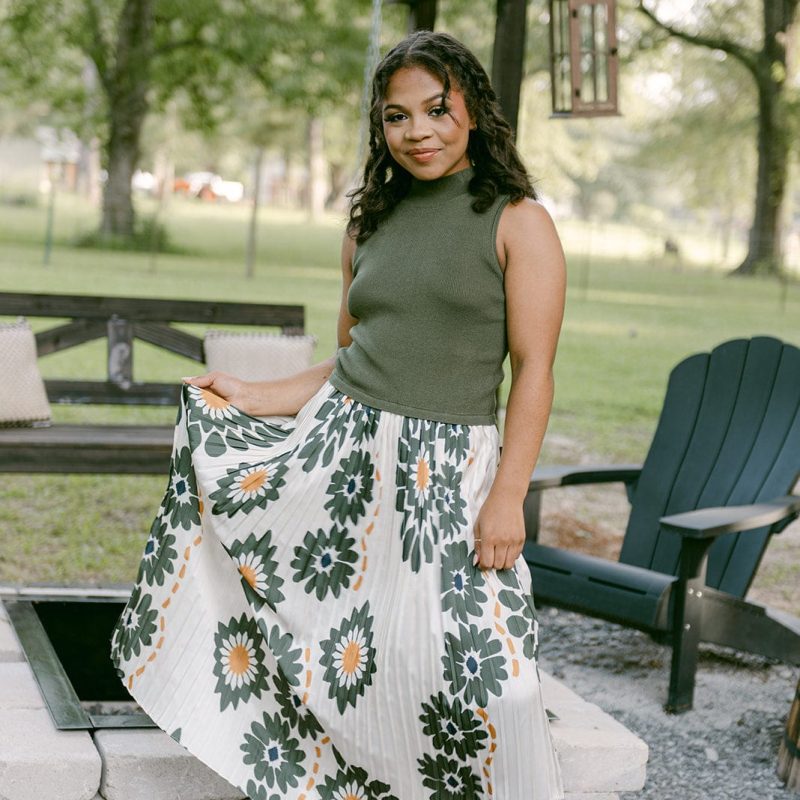 Olive Floral Pleated Midi Dress