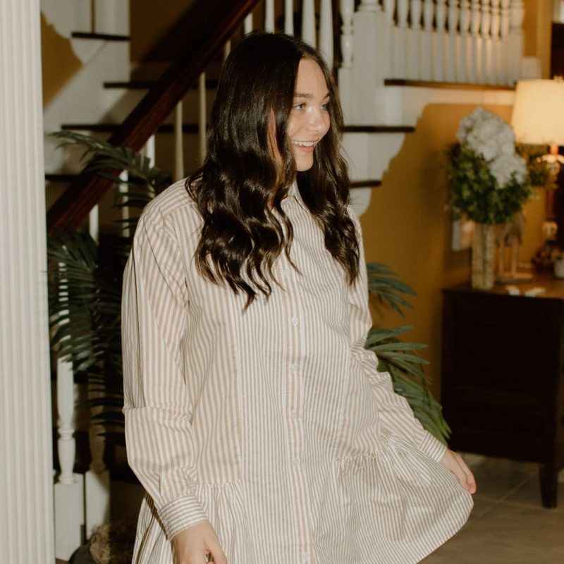 Tan Striped Button Up Flare Shirt Dress