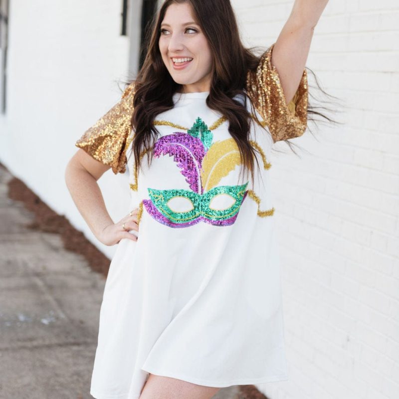White Sequin Mardi Gras Mask Dress