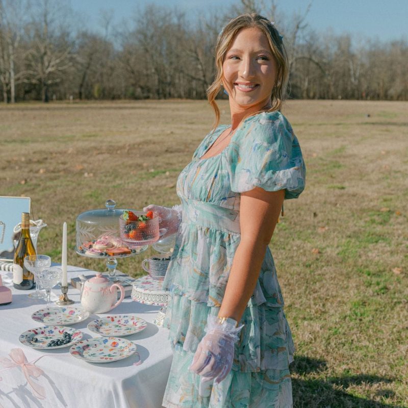 Green Printed Puff Sleeve Mini Dress