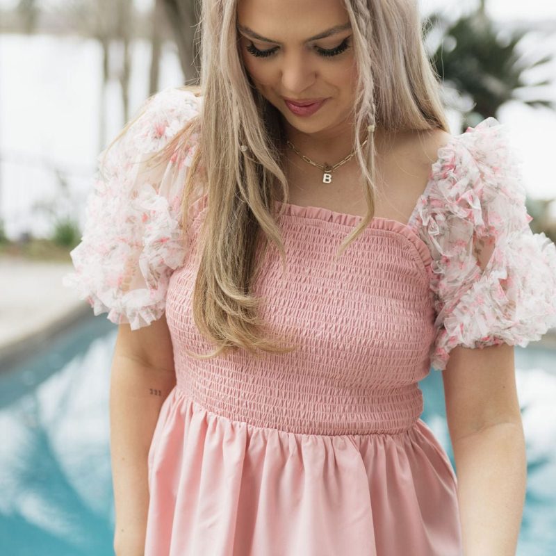 Pink Floral Puff Sleeve Smocked Top