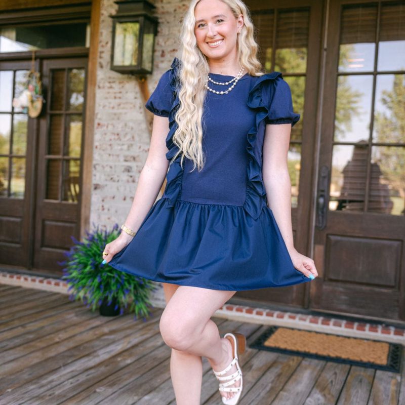 Navy Ruffle Drop Waist Mini Dress